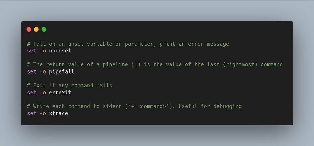 YuviGold's tweet image. Did you know? #shell #bash 

Shell ignores errors by default! 😱
Shell has options and you should set them to make your scripts more verbose and exit on errors 🧐

1/