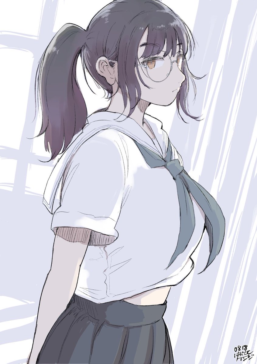 1girl solo ponytail glasses school uniform skirt serafuku  illustration images