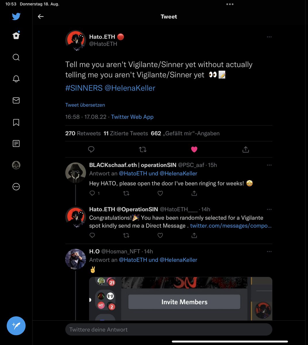 PSC_aaf's tweet photo. #WeAreSINNERS #SINNERSsupportSINNERS #SINisWatching
@operationSIN @NFTLlama @HatoETH @HelenaKeller
@Jacktavo
Hey guys, please be careful here, this invitation is FAKE according to HATO! https://t.co/T0acg8av4V