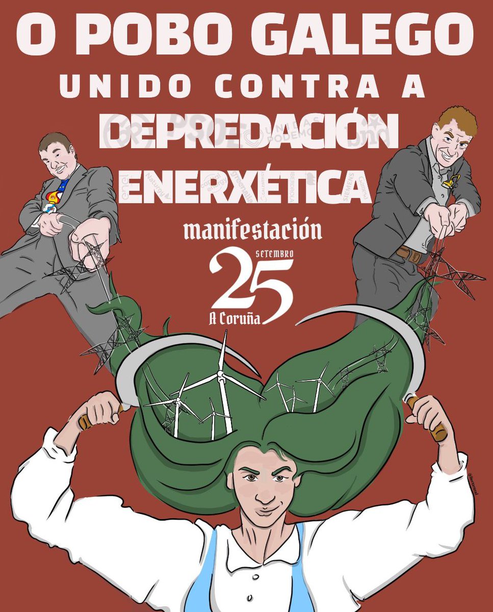 📢 O Pobo Galego unido contra a depredación enerxética  

⚠️ Que enerxía queremos? 
Macrorenovables que invaden aldeas e montes e que baleiran o rural? 
Alternativas xustas xa!

🗓 O vindeiro domingo 25 de setembro vémonos na Coruña ás 12.00h

#Foipolovento #Enerxiasresponsables