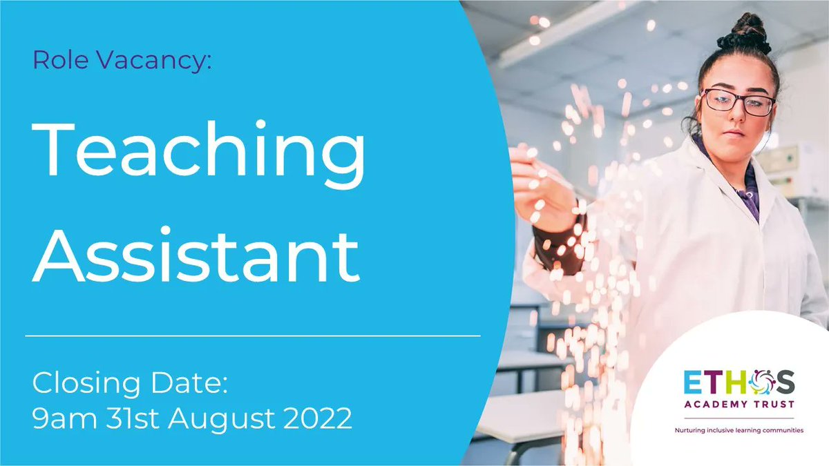 EthosAcadTrust's tweet photo. We're looking for a Teaching Assistant to join Elements Academy, so remember to get your applications in before the closing date!

🔗 https://t.co/tixIZqYjrb 

📅 Application close date: 9am Wednesday 31st August 2022

#EduJobs #EducationJobs #Hiring https://t.co/HUrG6dsdZv