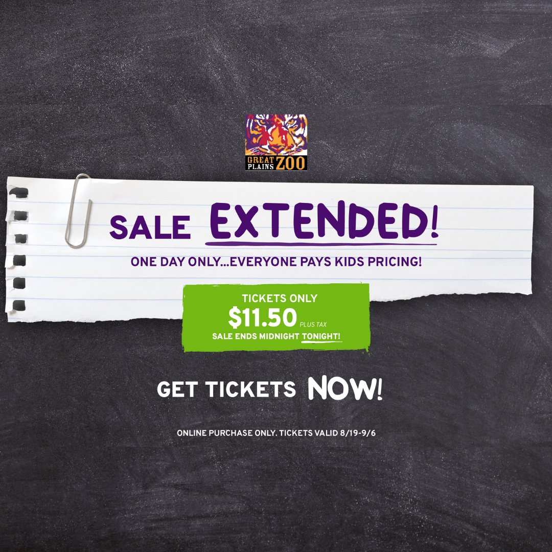 By popular demand, we're extending our sale for one more day!

ow.ly/Nwh450KmuJS

Until midnight Thursday, everyone Pays Kids Price for online tickets. Just $11.50 plus tax!

Tickets valid 8/19-9/6/22. (Labor Day weekend, anyone?)

#GPZoo #Zoo #Sale #FlashSale #SiouxFalls