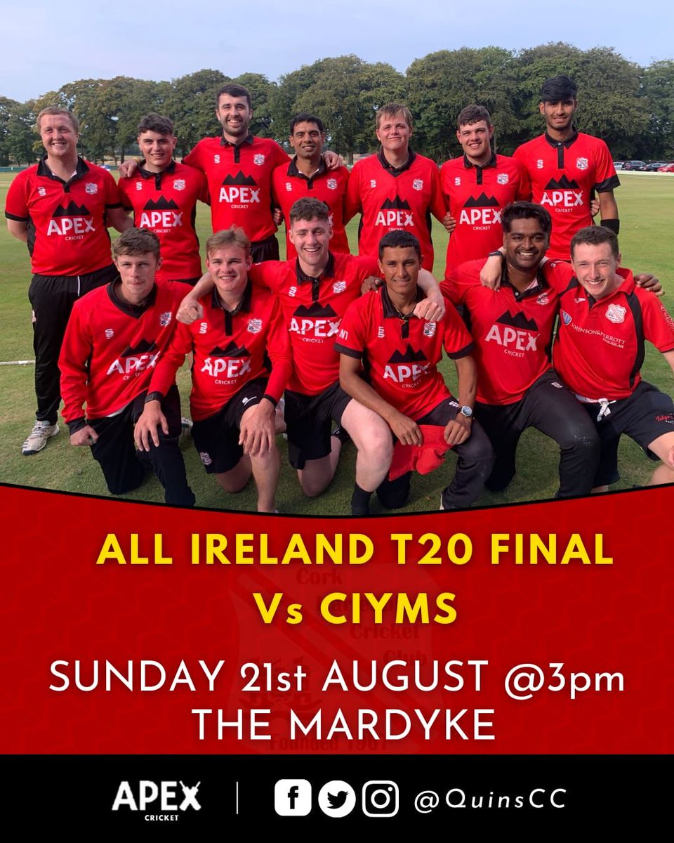 QuinsCC's tweet photo. Sunday: Immense day for the club with our 1s playing in the Clear Currency T20 All Ireland Final AIT20  v CIYMS @ the Mardyke 3pm.
Please come along in red &amp; black. COME ON THE MIGHTY QUINS! 
@CIYMSCC 
@ClearSpeaks 
@cricketireland 
@BigRedBench 
@MunsterCricket 
#quinsccfamily https://t.co/Ey1rmDToOf