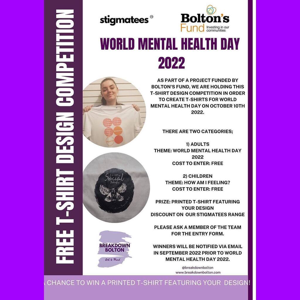 Breakdown Bolton (@breakdownbolton) on Twitter photo Posted <a href="/withregram/">Repost app</a> • <a href="/stigmatees/">Stigmatees</a> #WorldMentalHealthDay2022 Free t-shirt design competition. A chance to win a printed #TShirt featuring your design!
As part of a project funded by #BoltonsFund we are holding this t-shirt design competition in order … instagr.am/p/ChZSleHKJqd/ Posted <a href="/withregram/">Repost app</a> • <a href="/stigmatees/">Stigmatees</a> #WorldMentalHealthDay2022 Free t-shirt design competition. A chance to win a printed #TShirt featuring your design!
As part of a project funded by #BoltonsFund we are holding this t-shirt design competition in order … instagr.am/p/ChZSleHKJqd/
