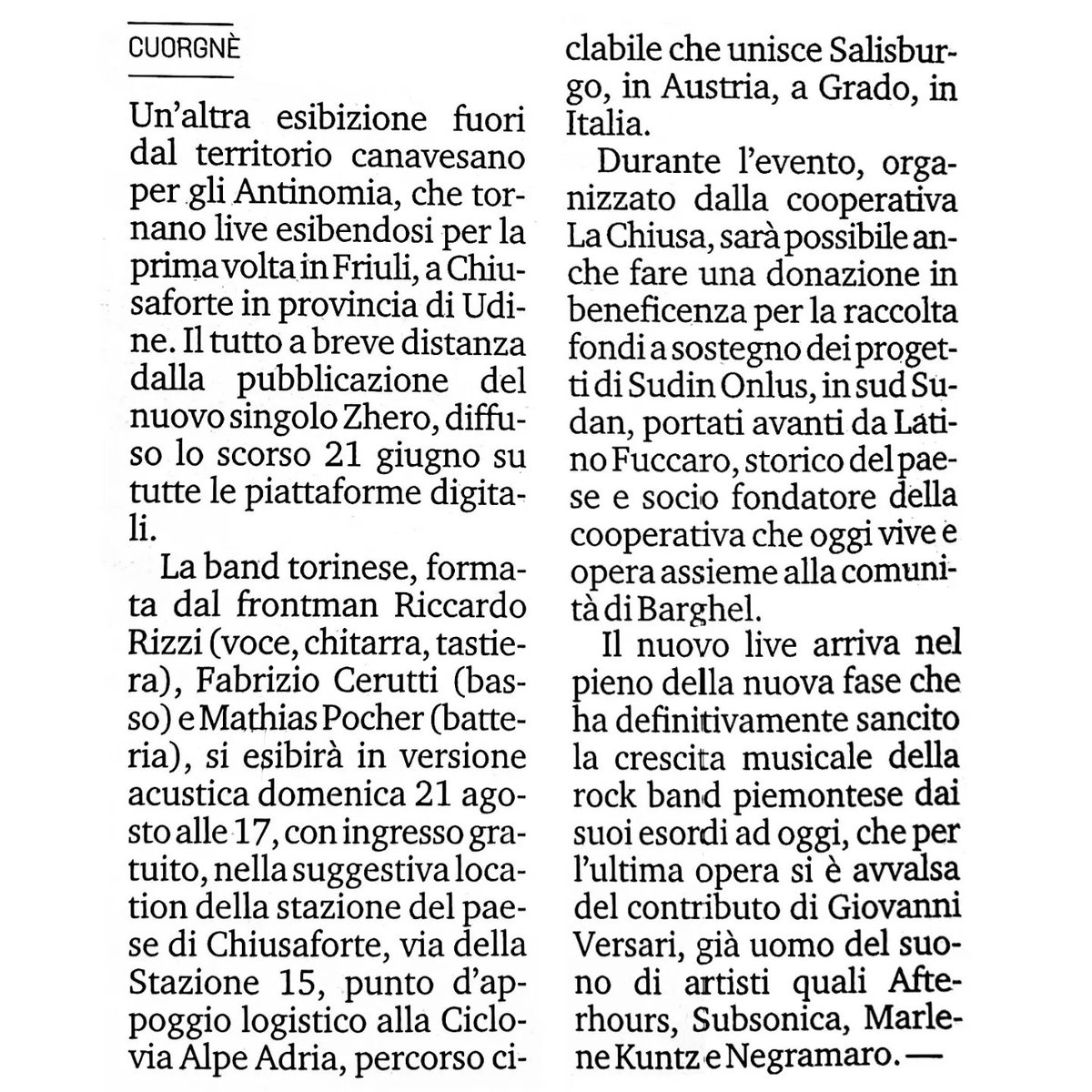 antinomiaband's tweet photo. Su @la_sentinella si parla della data di domenica a la #stazionedichiusaforte 🎉🎶 #antinomia #friuli #21agosto #unplugged #live #rock #chiusaforte https://t.co/Ltx7oO1ji1