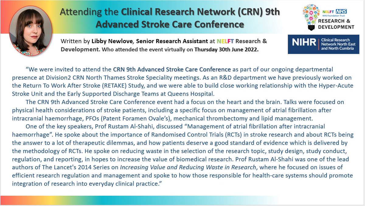 A few months ago one of our R&amp;D Senior Research Assistants attended the @NIHRCRN_NENCumb CRN 9th Advanced Stroke Care Conference. The conference updated us on the recent research findings for stroke management &amp; discussed the importance of ongoing biomedical research😊