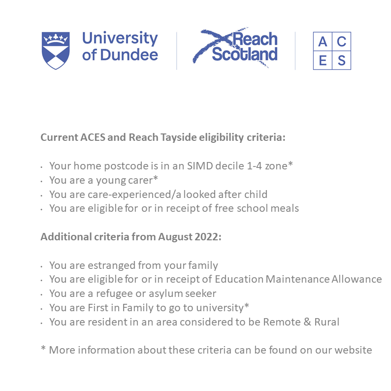 ACESTayside's tweet photo. Calling all partner schools! ACES and Reach Tayside eligibility criteria have EXPANDED - hurrah! @WoodmillHigh @WoodmillHS_ART @BlairgowrieHS @BlairgowrieART @BreadalbaneAcad @CrieffHigh @KinrossHS @AandD_KinrossHS @perthacademy @perthacademyart @PerthGrammar @PGS_Art https://t.co/l6dwLETvCF