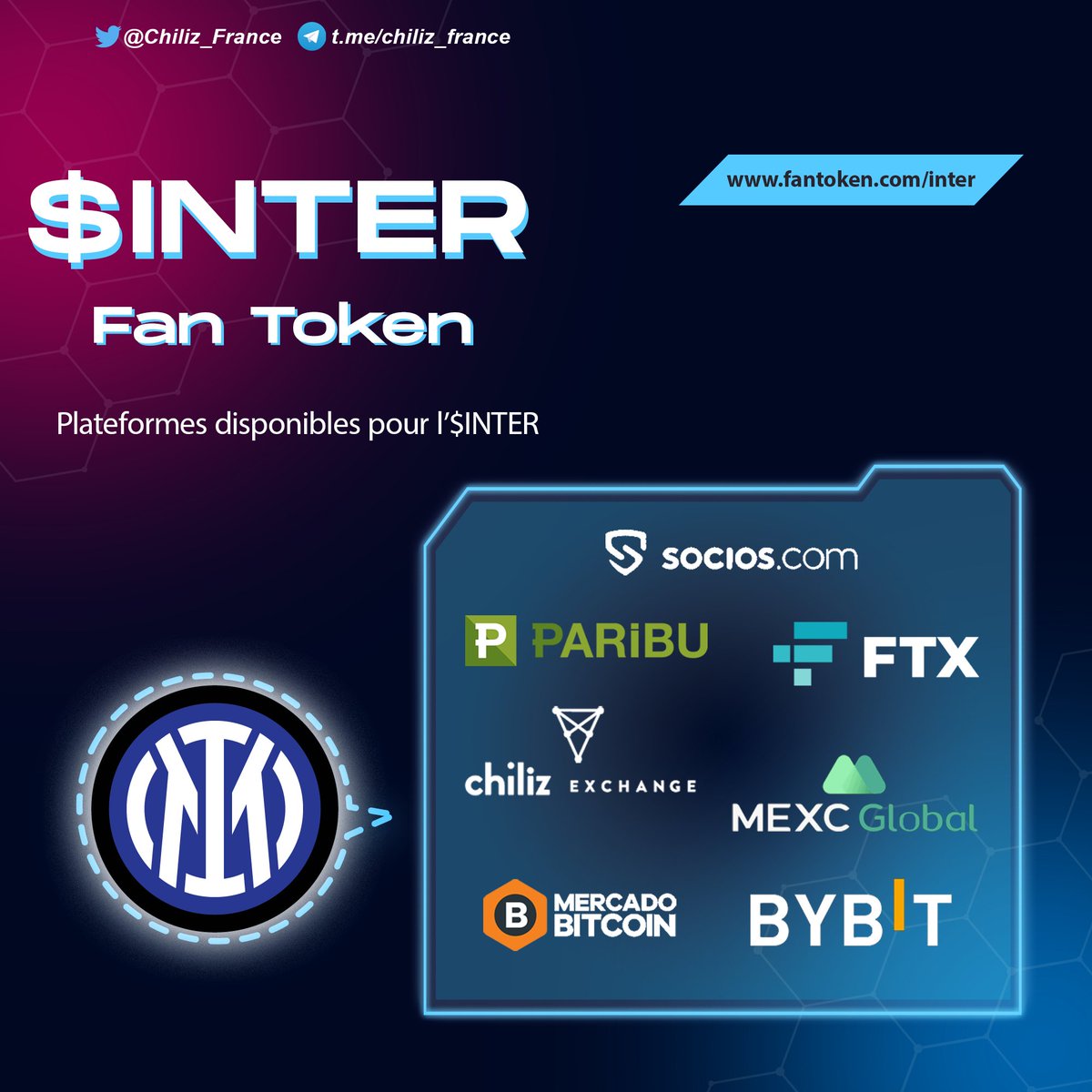 unusual_data's tweet photo. Amoureux de l'Angleterre &amp; l'Italie ? Vous pouvez acheter les Fan Tokens $AFC &amp; $INTER sur ces plateformes. 👇

$CHZ #chiliz #chz https://t.co/DBgdHygBA7