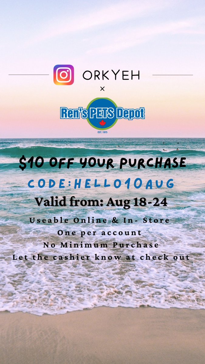 OrkYeh's tweet photo. Ren’s pet depot -  get $10 off your purchase in store and online! ☀️ 
Code: HELLO10AUG From Aug 18-24
No minimum purchase! #renspetdepot #renspet https://t.co/mUzJaMJFN4