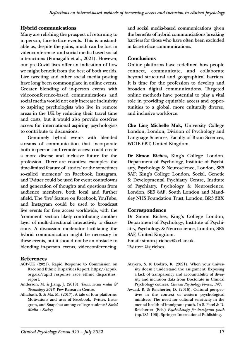 🚨New article: “Reflections on internet-based methods of increasing access and inclusion in clinical psychology” is out now in Clinical Psychology Forum No. 355 July 2022 <a href="/sjriches/">Simon Riches</a> <a href="/UKDCP/">Division of Clinical Psychology</a> <a href="/BPSOfficial/">British Psychological Society</a>