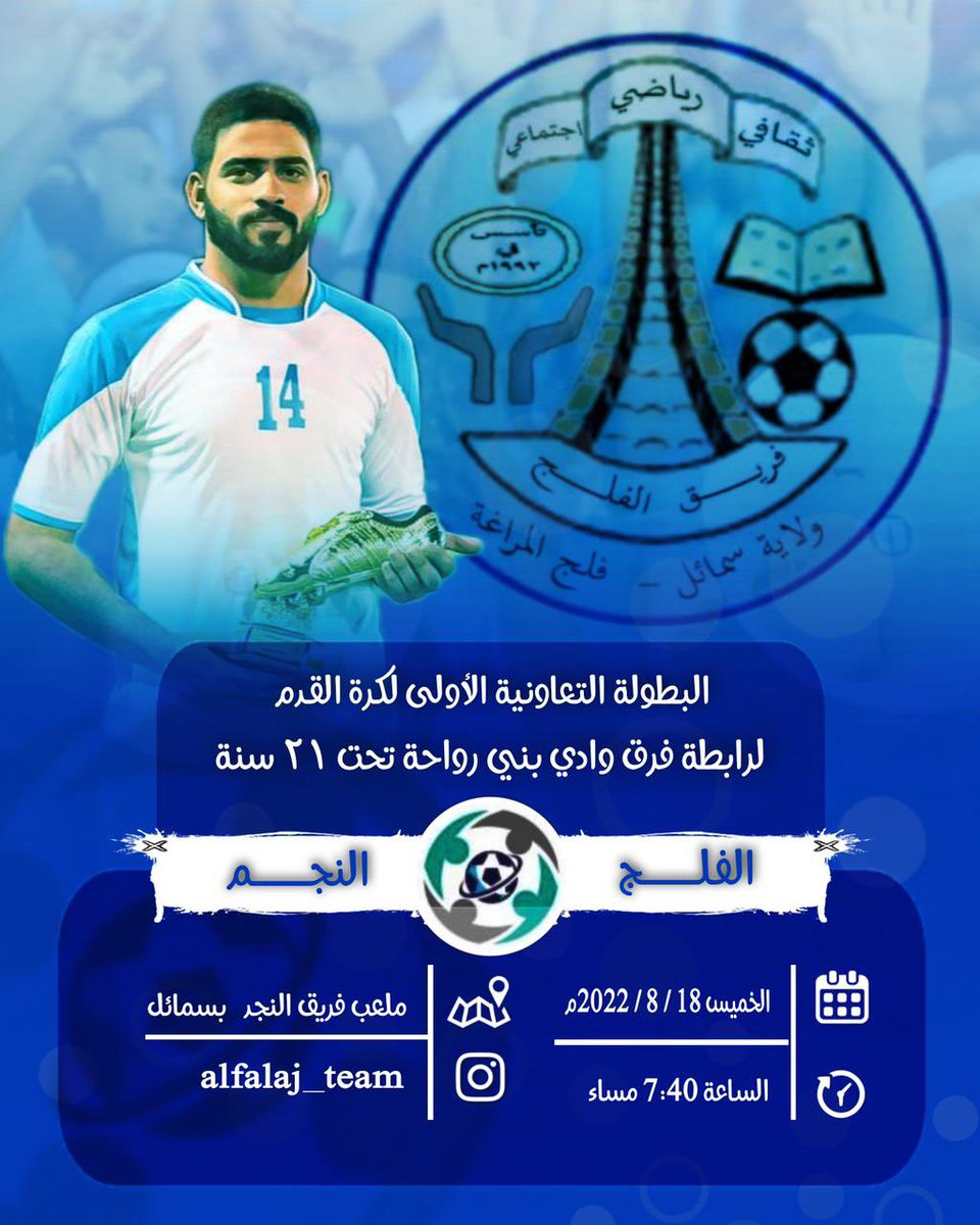 البطولة التعاونية الأولى لكرة القدم 
لرابطة فرق وادي بني رواحة تحت ٢١ سنة

المباراة الأولى لفريق الفلج 💙

الفلج 🔵 Vs النجم 🟣
اليوم 🗓: الخميس 18/08/2022
الوقت ⌚️: 07:40 مساءً 
المكان 📍: ملعب فريق النجد 
🔹🔹🔹🔹🔹🔹🔹🔹🔹🔹🔹