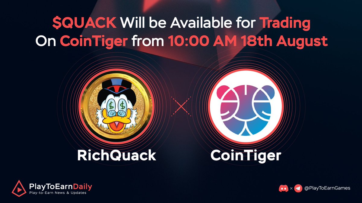 HOODdailyTK's tweet photo. 🔥 $QUACK @RichQuack Will be Available for Trading On @CoinTigerEX from 10:00 AM 18th August

CoinTiger is the next destination of Quack Army with the incredible performance in recent time of both price and social engagement. This will spread $QUACK wider and more convenient. https://t.co/ODV97YuDpH