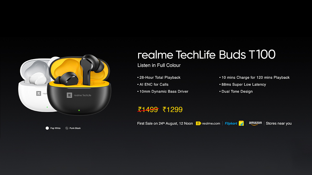 realmenarzoIN's tweet image. Time for you to #ListenInFullColour with #realmeTechLifeBudsT100 that features:
👉28Hrs Total Playback 
👉AI ENC for Calls 
👉10mm Dynamic Bass Driver 
&amp;amp; much more!

Priced at ₹1,299
First Sale at 12PM, 24th August on realme.com &amp;amp; 
@Flipkart.