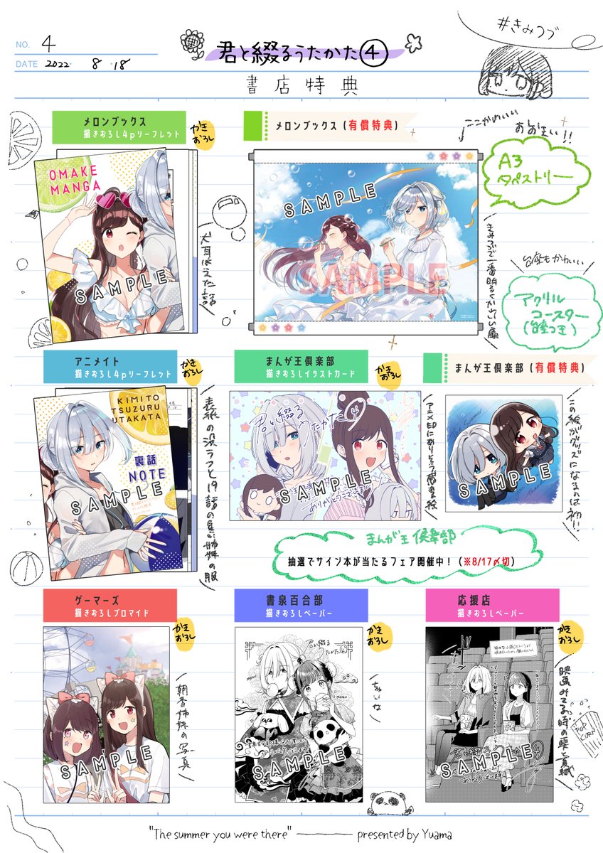 〖 告知まとめ.ᐟ.ᐟ 〗

🌟君と綴るうたかた④発売!各書店特典あり〼
https://t.co/8YCLM4g1i2
🌟コミック百合姫10月号発売!巻頭カラー!
https://t.co/0WZkpulAcM
🌟LINEスタンプ発売!40個描きおろし
https://t.co/BjcJBTAcLc

#きみつづ 

今日出た情報まとめ!全部よろしくお願いします～💃🫧 