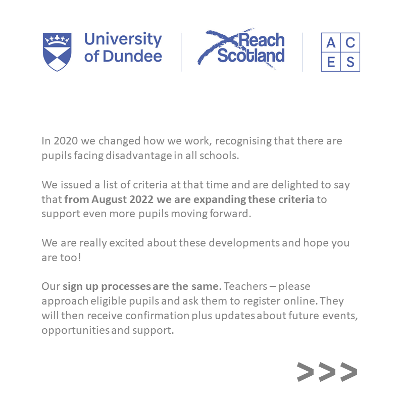 ACESTayside's tweet photo. Calling all partner schools! ACES and Reach Tayside eligibility criteria have EXPANDED - hurrah! @PerthHighSchool @phsart_design1 @PitlochrySchool
@st_johnsacademy @TheCSoA @LIFTOFF2tweet https://t.co/fbjOjSgJkW