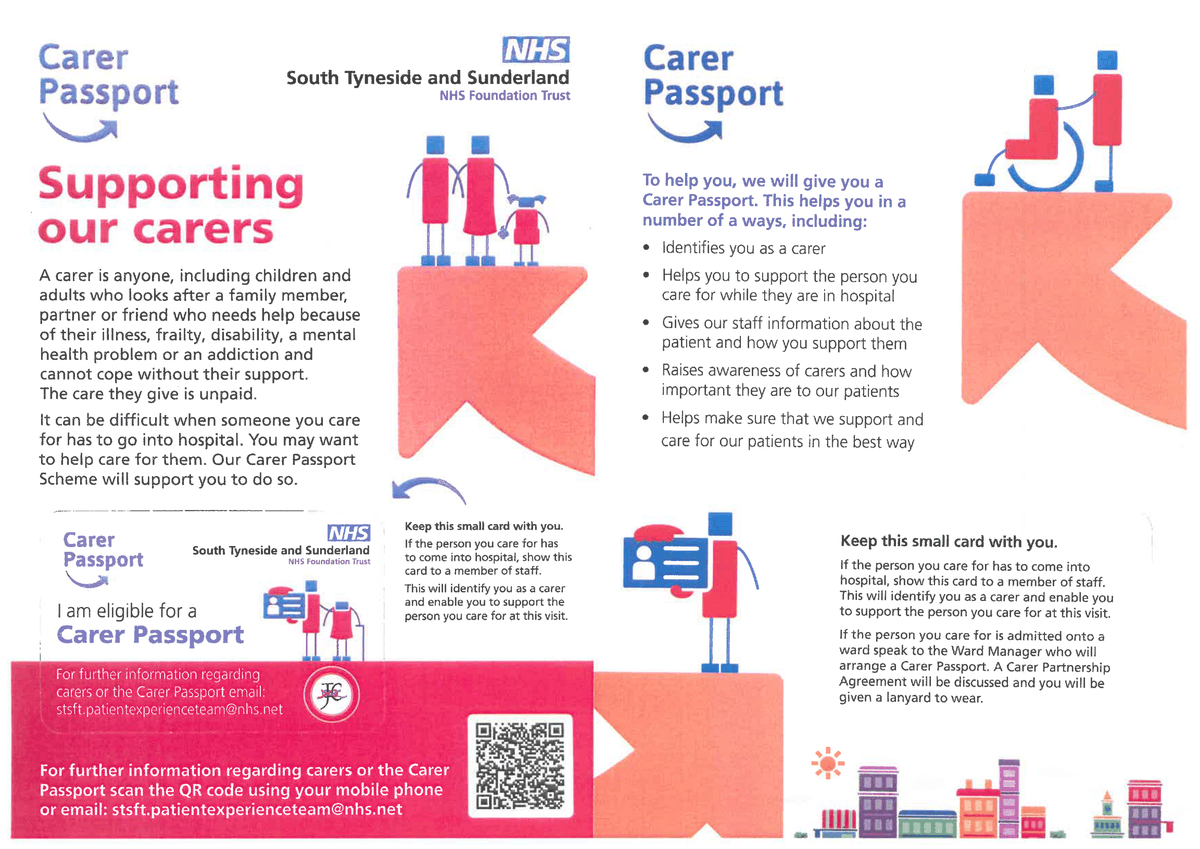sunderlandcarer's tweet photo. CARER PASSPORT
It can be difficult when someone you care for has to go into hospital.  You may want to help care for them.  The Carer Passport Scheme will help you do so.
South Tyneside and Sunderland NHS Foundation Trust @STSFTrust will give you a Carer Passport which will help https://t.co/hI9J8lGlnI