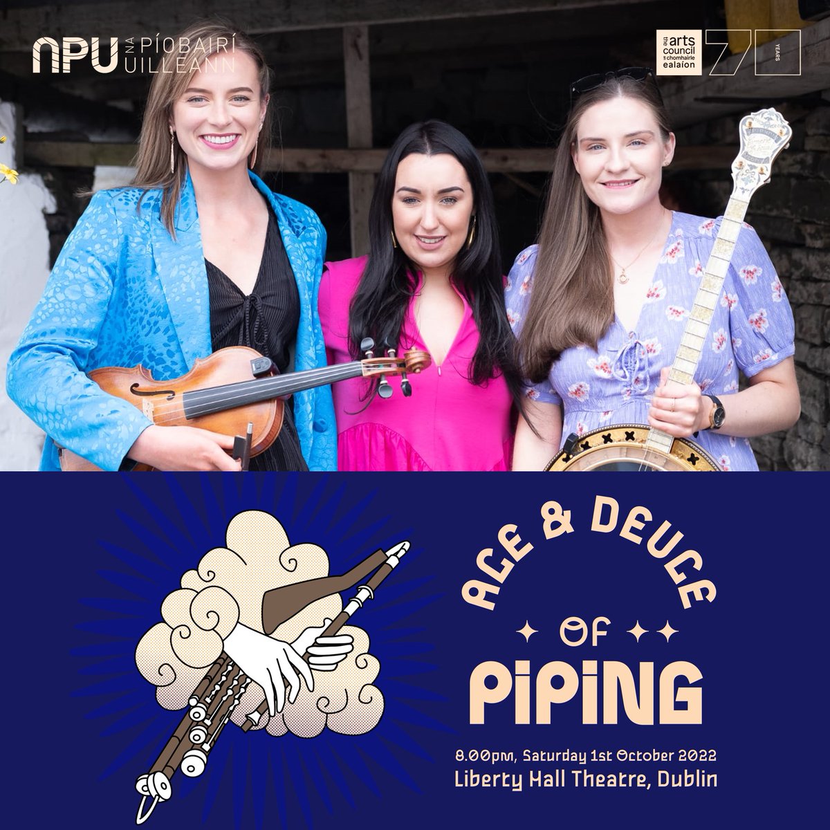 Bígí Linn - Ace &amp; Deuce of Piping, Saturday 1st October 8pm Liberty Hall Theatre! Tickets: loom.ly/3g_Oe20

Performing as a trio <a href="/costello_sorcha/">Sorcha Costello</a> (fiddle) <a href="/Catheri42795781/">Catherine McHugh</a>  (piano) &amp; <a href="/ElaineReilly94/">Elaine Reilly</a> (banjo)

#napiobairi #uilleann #sharingthesound #concert <a href="/artscouncil_ie/">The Arts Council / An Chomhairle Ealaíon</a>