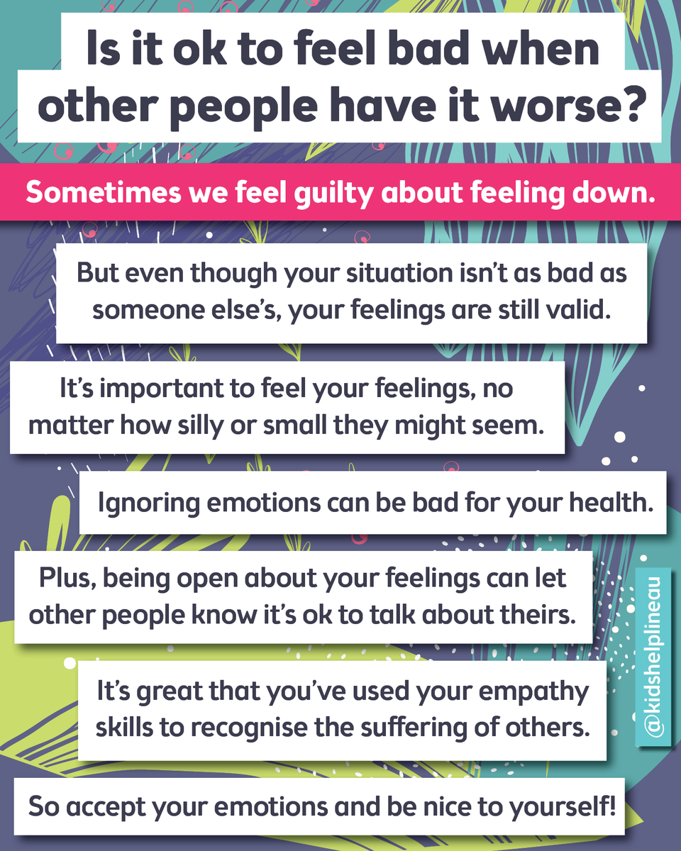 KidsHelplineAU's tweet photo. "Things could be worse!" - have you ever been told this when you're feeling down?
Dealing with guilt over feeling upset is pretty common.
Here are some reminders when you're experiencing emotion guilt... ๐
#KidsHelplineAU #Emotions #MentalHealthMatters https://t.co/UuSIXOvm2a