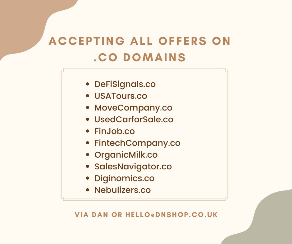 thednshop's tweet photo. Accepting All Offers (.co Domains), All are keyword domains on various industries.
#domains #domainforsale #tech #futuretech #defi #dao #milk #fintech #jobs #sales #domainforsale #brands #startup #business #keyworddomains #domaining #codomain #cars #economy https://t.co/vKXYTrHaQ4
