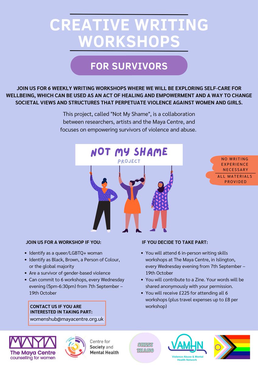 Are you a survivor of violence or abuse? Are you a Black LGBTQ+ woman? We are recruiting for writing workshops for survivors, led by #andreenaleanne, in collaboration with <a href="/mayacentre/">The Maya Centre</a> and <a href="/VAMHN/">Violence Abuse and Mental Health Network</a>. Please share! Email womenshub@mayacentre.org.uk if you would like to join!