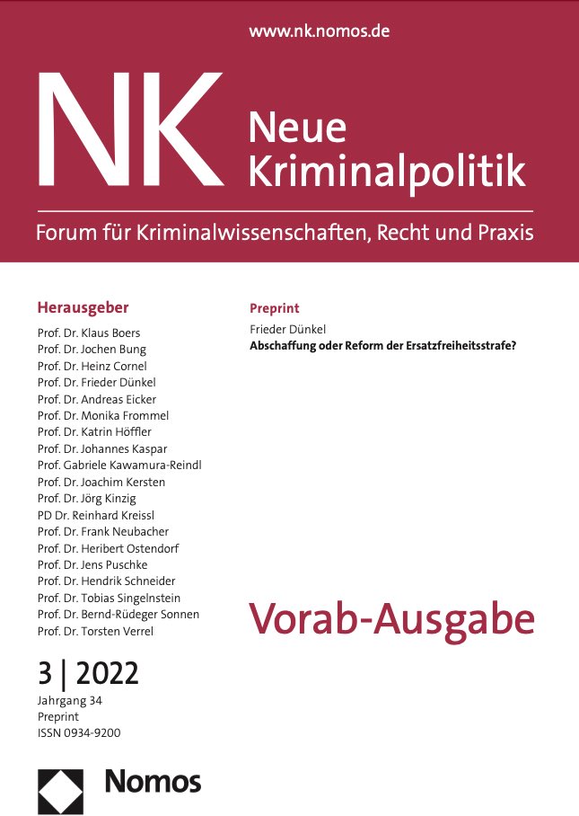 Sehr informativer Beitrag von Frieder Dünkel zu den Reformplänen betreffend Ersatzfreiheitsstrafe in der Neuen Kriminalpolitik! nomos-elibrary.de/10.5771/0934-9…