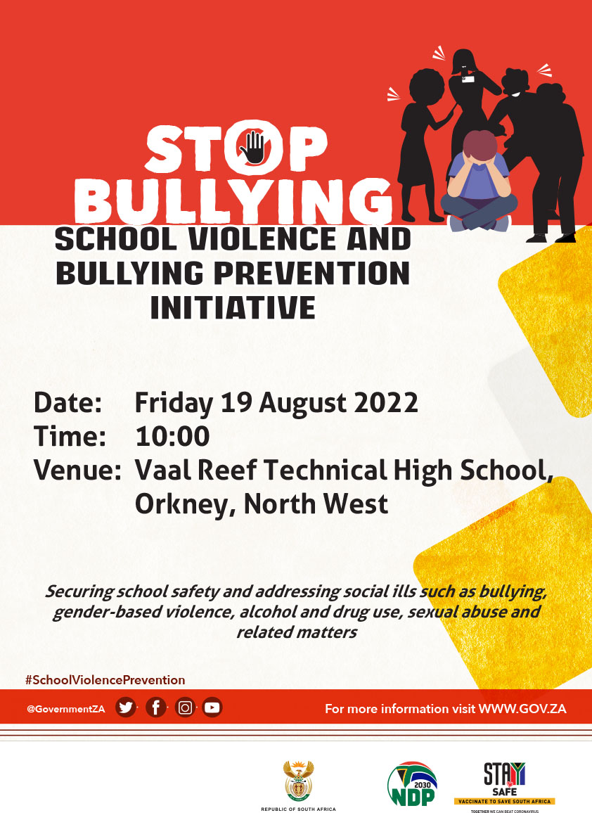 Tomorrow Basic Education hosts anti-bullying event at Vaal Technical School in Orkney. The School Safety campaign  which aims to raise awareness on bullying in schools is held under the theme “School Safety – Violence, and Bullying Prevention Initiative” #SchoolViolencePrevention