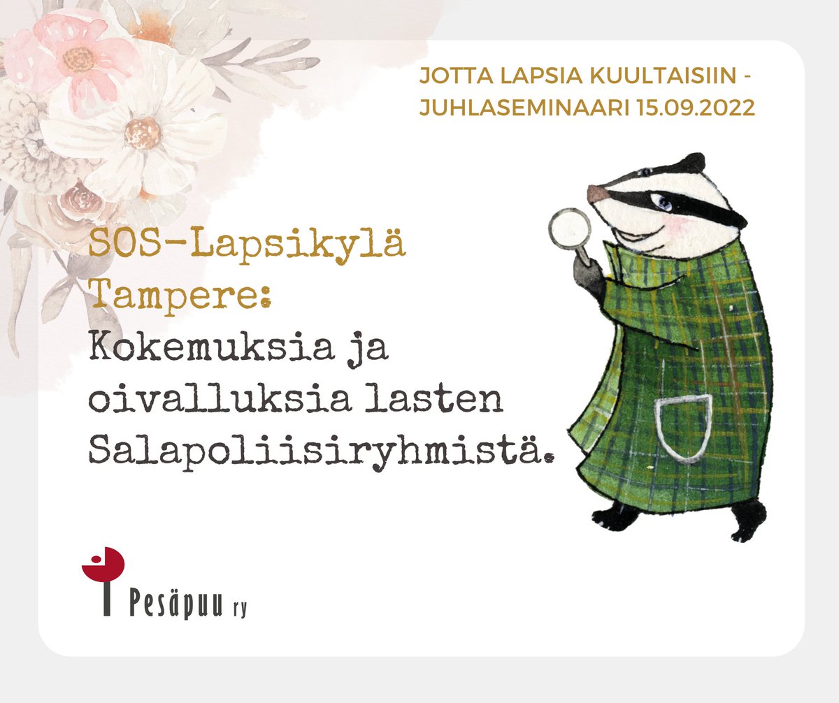 Miten toimivat lasten salapoliisiryhmät? Mitä erityistä hyötyä on ryhmämuodosta? Kuinka ryhmätoiminnassa pääsee alkuun? @SOSLapsikyla Tampere kertoo oivalluksistaan #Salapoliisitoiminta10v-juhlaseminaarissa! 

Tule mukaan! Lue lisää &amp; ilmoittaudu 👉pesapuu.fi/tapahtumat/juh…