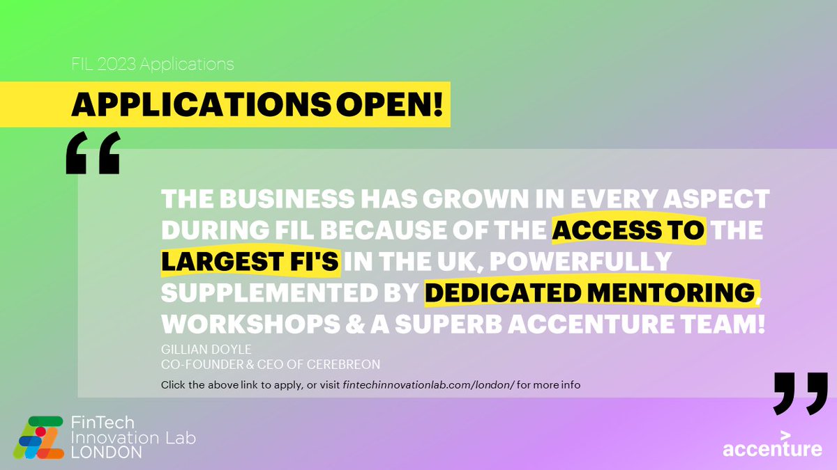 FinTechLabLDN's tweet image. 📯 Applications for #FIL2023 are now open! 📯
Gillian Doyle, Co-Founder & CEO of @CerebreonTech said that the #FinTech Innovation Lab helped their business "grow in every aspect!" 🪴
Apply now: f6s.com/fintech-innova…
#innovation #debt #accelerator #startup #data