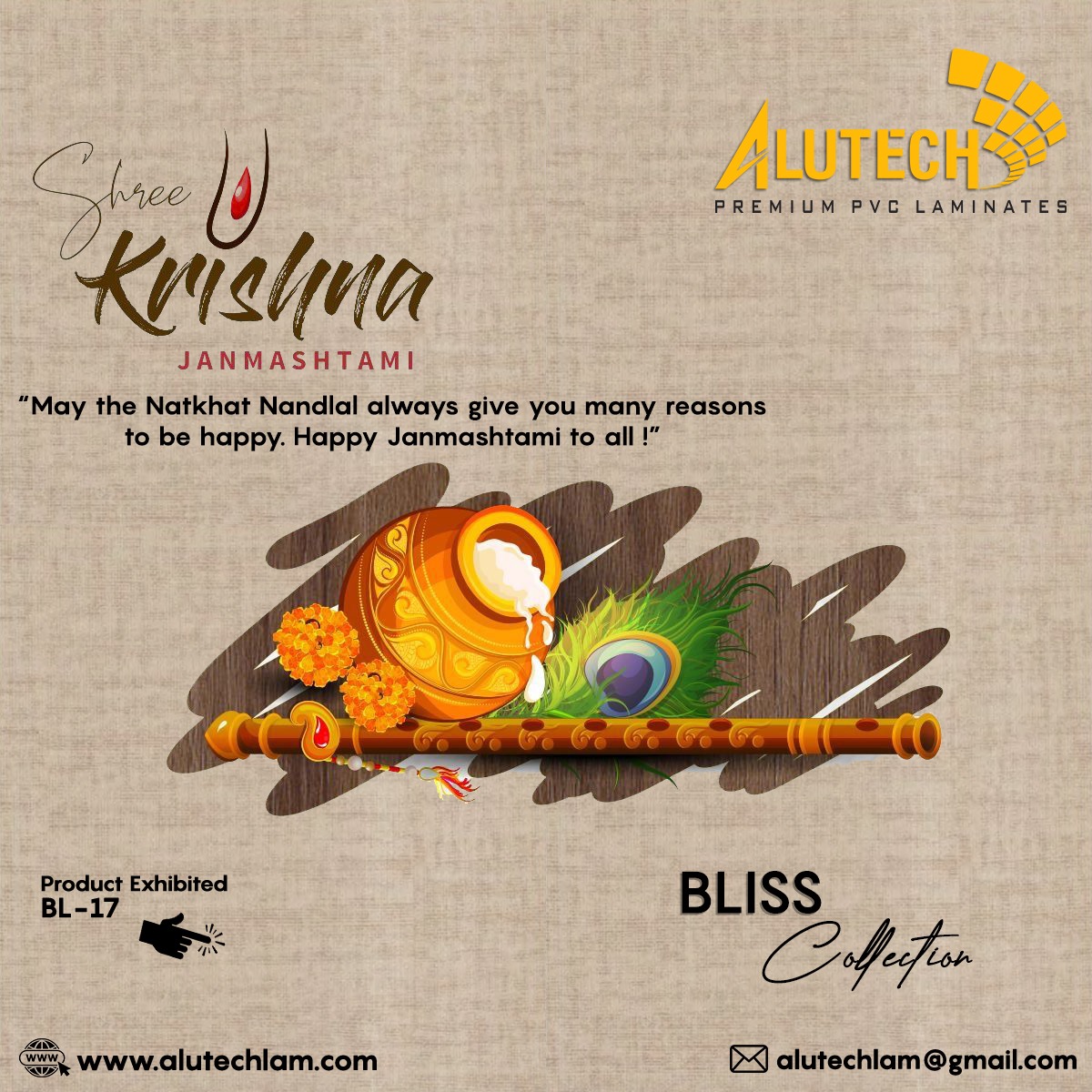 Shri Krishna JANMASHTAMI✨✨
"May the Natkhat Nandlal always give you many reasons to be happy. Happy Janmashtami to all!"
*
**
***
FOR MORE INFO VISIT US AT : alutechlam.com OR DROP YOUR QUERY AT: alutechlam@gmail.com 
#alutech #jaishreekrishnaa #krishna #shreekrishna