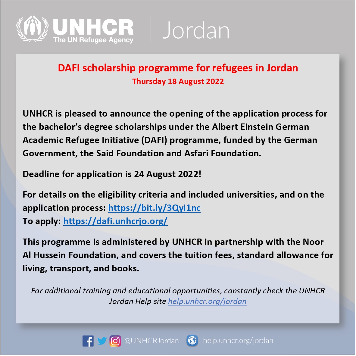 DAFIJordan's tweet photo. UNHCR is pleased to announce the opening of the application process for the bachelor’s degree scholarships(DAFI) program.
The deadline is 24 August 2022!
For details on the eligibility criteria and included universities: https://t.co/hSy5AalgzL 
To apply: https://t.co/oKC9YaLcEC https://t.co/4wvY7cBfkr