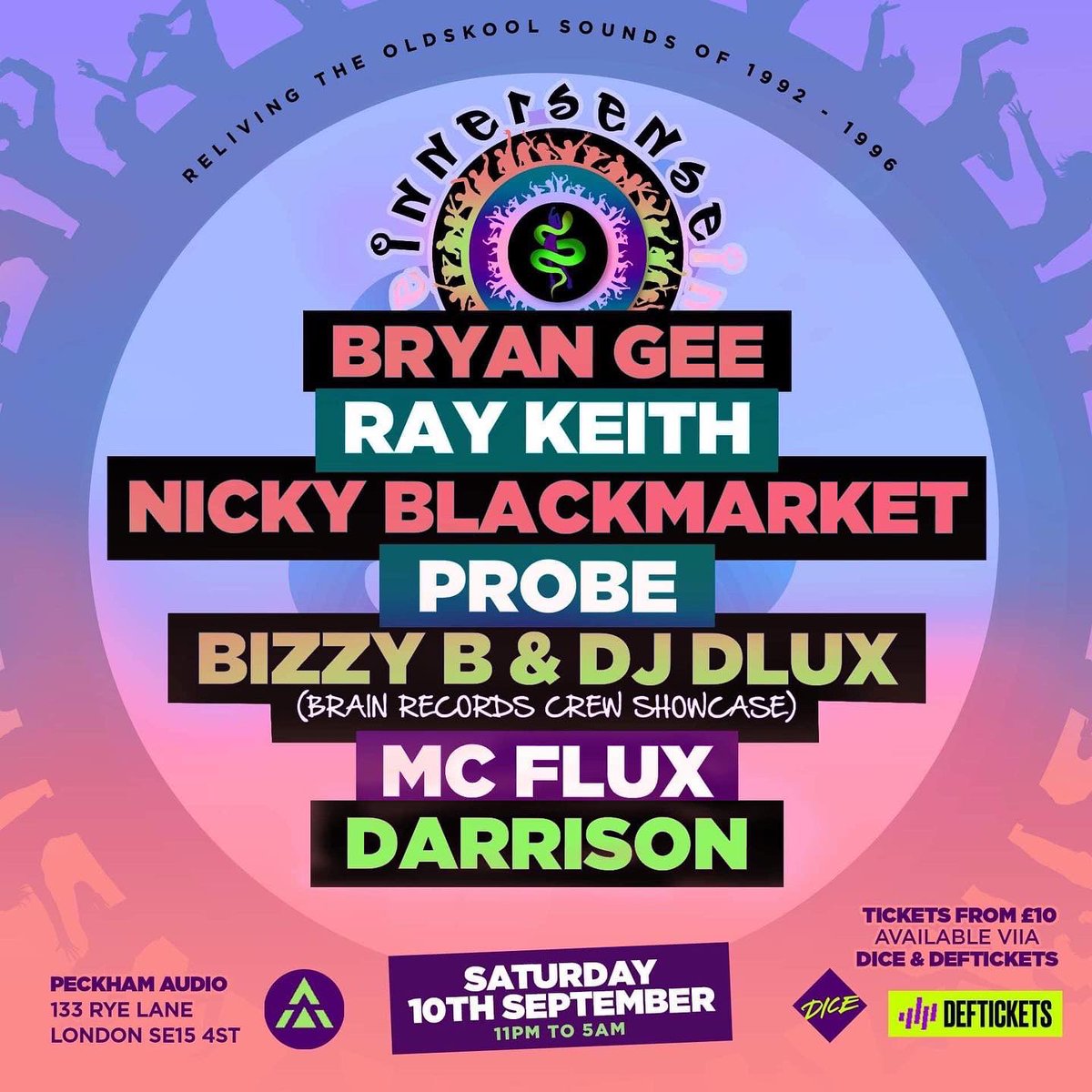 Weh my Lazerdrome crew … 
innersence are back Saturday 10th September at Peckham Audio 
I’ll be there alongside some of the original residents dropping lots of old skool jungle like we did back then …. 

deftickets.co.uk/events/3180449…