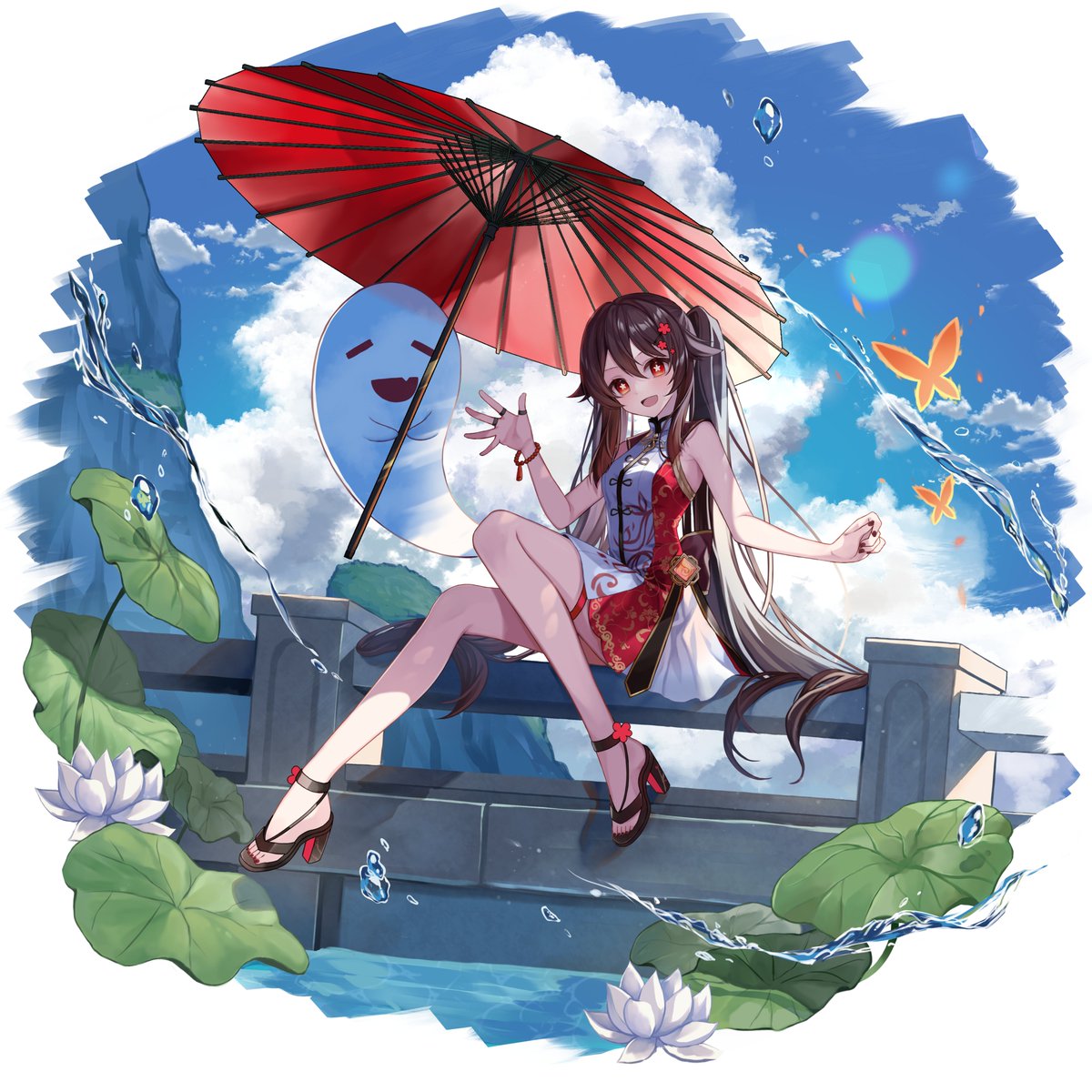 hu tao (genshin impact) 1girl dress umbrella flower high heels twintails sky  illustration images