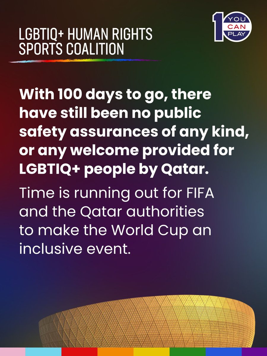 We are joining the international coalition of LGBTQ+ organizations in calling for athlete and fan safety in Qatar and all upcoming FIFA events.

#YouCanPlay #Qatar2022 @LGBTIQRights