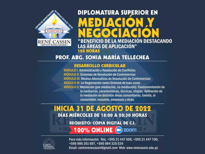 ATENCIÓN MEDIADORES 🤝 | Anuncian para fines de agosto diplomado en Mediación y Negociación <a href="/c_renecassin/">Instituto René Cassin</a> 

Más detalles en 👉🤳 bit.ly/3dDIeSG

#mediación #negociación #APrioriPY #Apriori