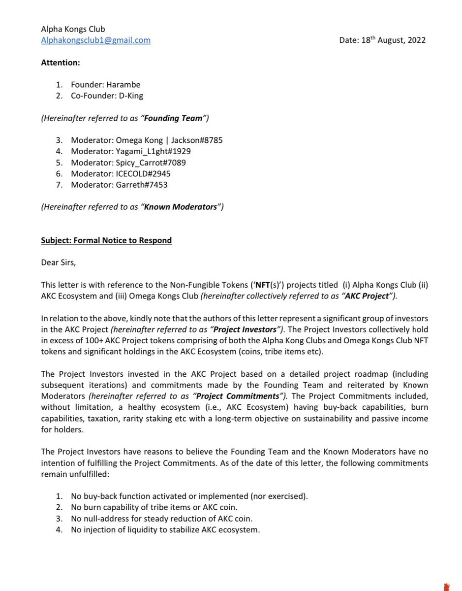 This is an open letter from a group of investors of the <a href="/AlphaKongsClub/">Alpha Kongs Club</a> regarding the future of the project and their holders. Holders and major investors, please retweet as much as you can so the NFT Space can be clean up and become a trust environment <a href="/rugpullfinder/">JP</a> <a href="/nftfreaks/">NFT Freaks 🗝️🏰🦸🏿‍♂️</a>