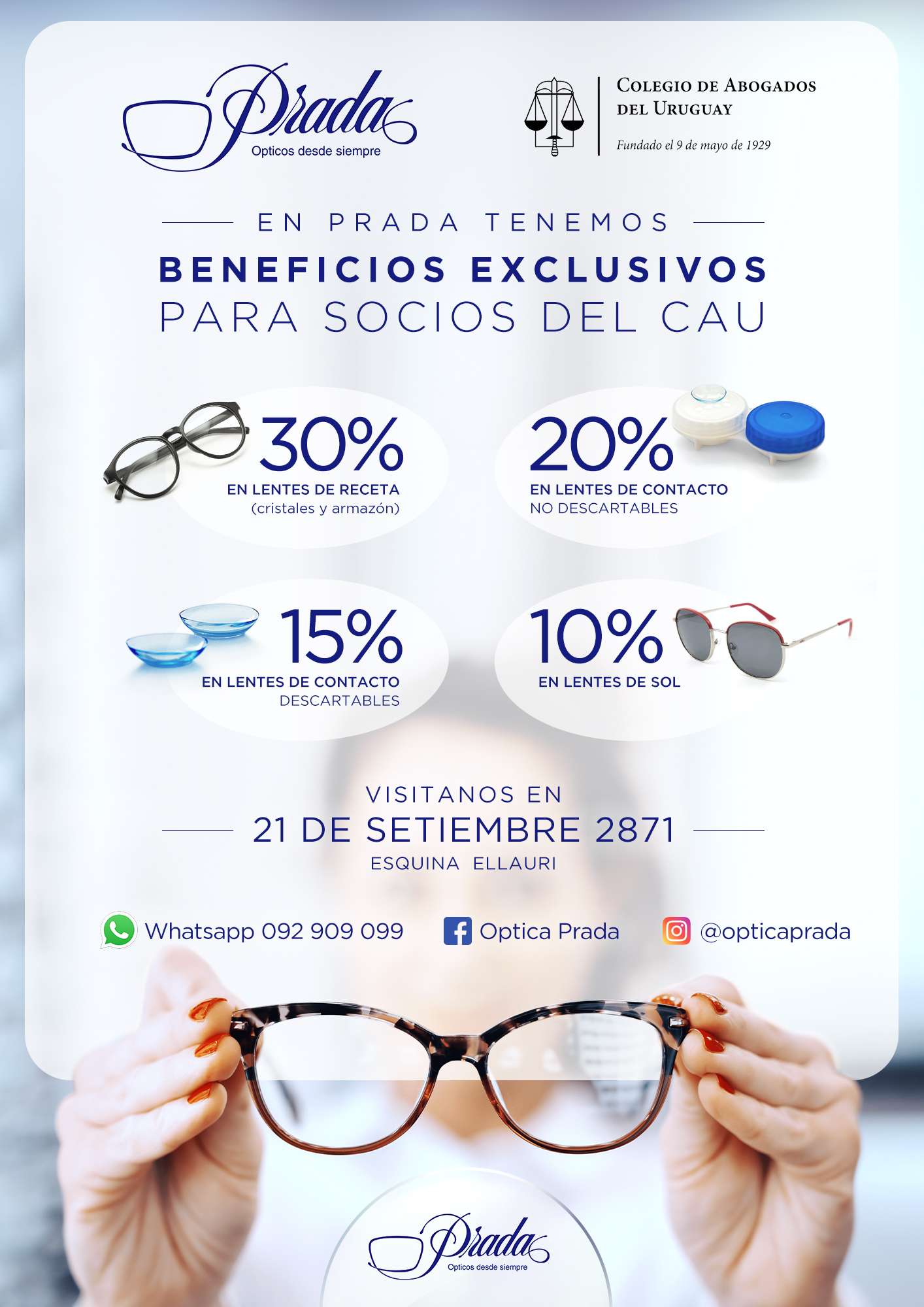 Colegio de Abogados del Uruguay on X Nuevo beneficio para los socios del CAU con Optica Prada. Todavia no sos socio del CAU Descuentos desde el 10 al 30 en lentes. https t rWGk1WX1yH