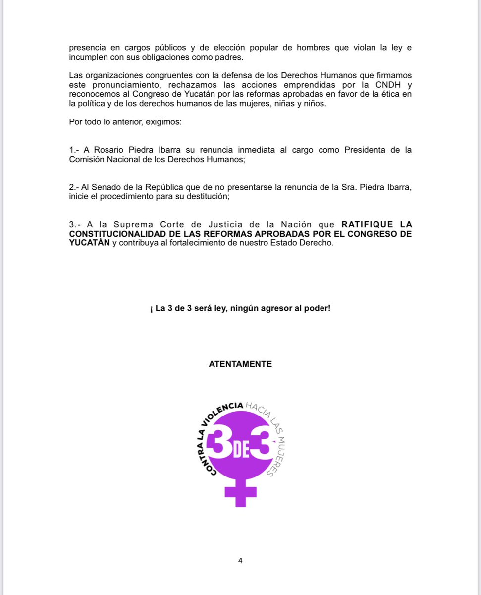 <a href="/RebeldesCausaMx/">Rebeldes Con Causa</a> nos sumamos a exigencia de renuncia de <a href="/RosarioPiedraIb/">Rosario Piedra Ibarra</a> como presidenta de la <a href="/CNDH/">CNDH en México</a>; al <a href="/senadomexicano/">Senado de México</a> que de no presentarse la renuncia, inicie el procedimiento para su destitución; y a la <a href="/SCJN/">Suprema Corte</a> que RATIFIQUE LA CONSTITUCIONALIDAD de reformas #3de3VsViolencia