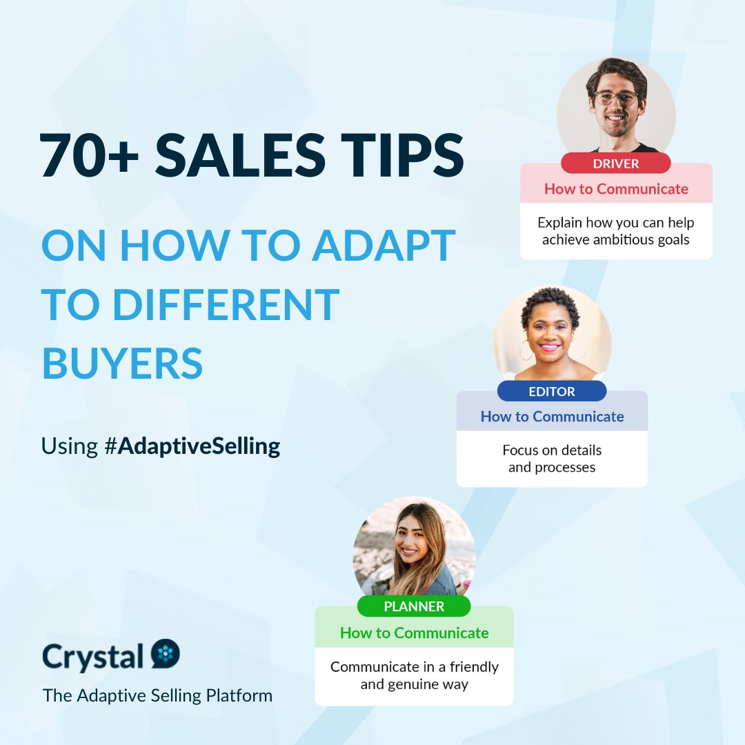 CrystalKnowsMe's tweet image. The first 5 minutes of any sales call are crucial. Start your pitch off on the right foot with adaptive selling.

Read more here:
hubs.ly/Q01kk9150

#crystalknows #adaptiveselling #customizedsales #salesstrategy #datadrivensales #behavioralsales #salestools #salescall