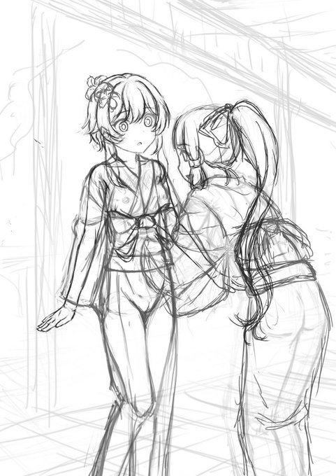 浴衣の着付けを手伝う蛍綾を描きたいと言う絵 