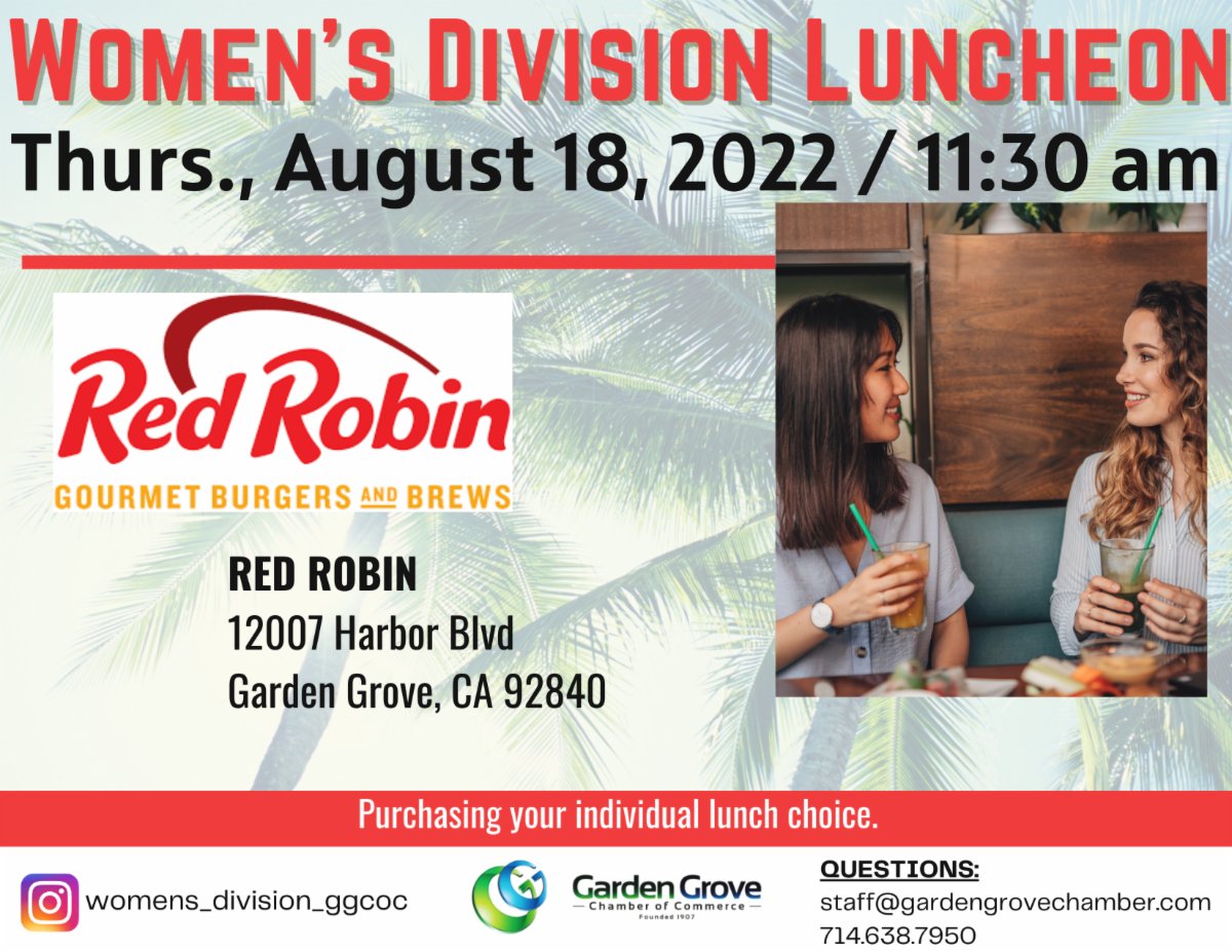 Don't forget we have our Women's Division Luncheon at Red Robin. Do you know what you are having? 

To view menu and register: conta.cc/3JM3stN
conta.cc/3T3wGsm