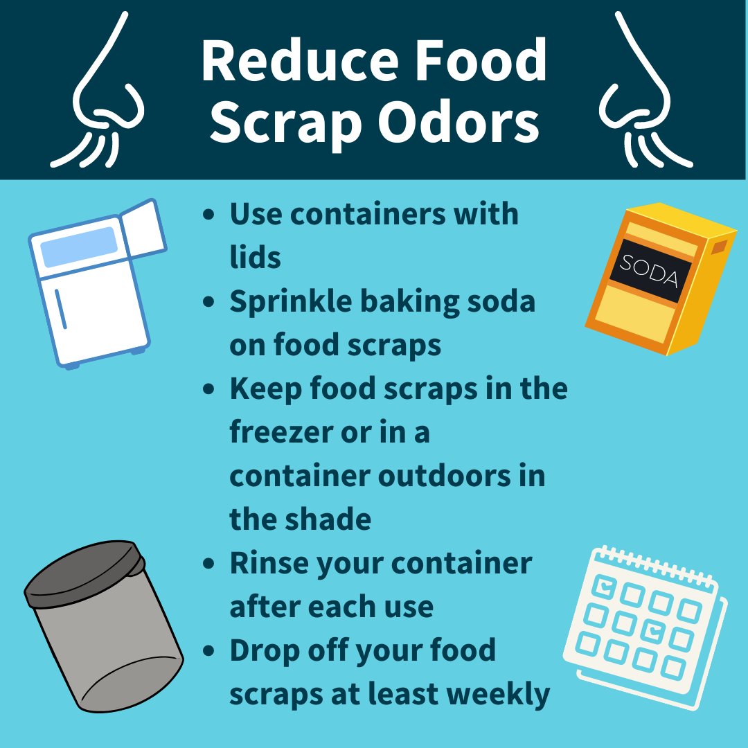 Food scrap recycling is excellent, but food scrap odors are not. Follow these tips and tricks to reduce odors between trips to the City’s food scrap drop-off sites.