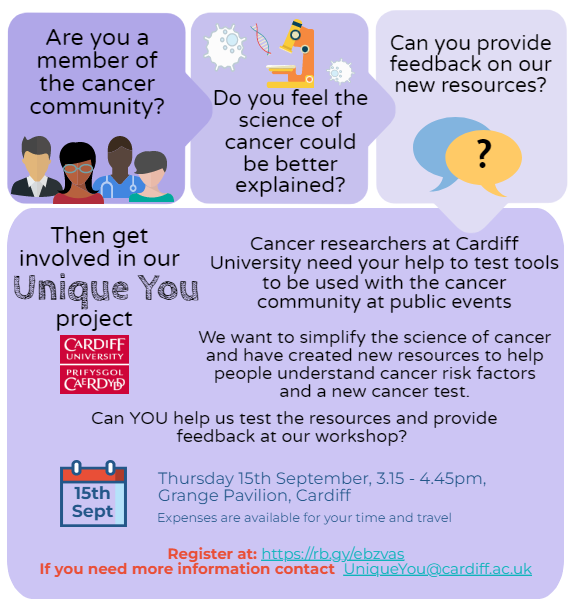 Wales Gene Park (@walesgenepark) on Twitter photo The Unique You Project <a href="/DCGResearch/">Division of Cancer & Genetics</a> is developing cancer-related resources for the public. Can you help test the resources & provide feedback? Join them for a public workshop 15 Sept 3.15-4.45pm Grange Pavilion Cardiff. More details/booking rb.gy/ebzvas <a href="/CUmedicengage/">Cardiff University School of Medicine</a> The Unique You Project <a href="/DCGResearch/">Division of Cancer & Genetics</a> is developing cancer-related resources for the public. Can you help test the resources & provide feedback? Join them for a public workshop 15 Sept 3.15-4.45pm Grange Pavilion Cardiff. More details/booking rb.gy/ebzvas <a href="/CUmedicengage/">Cardiff University School of Medicine</a>