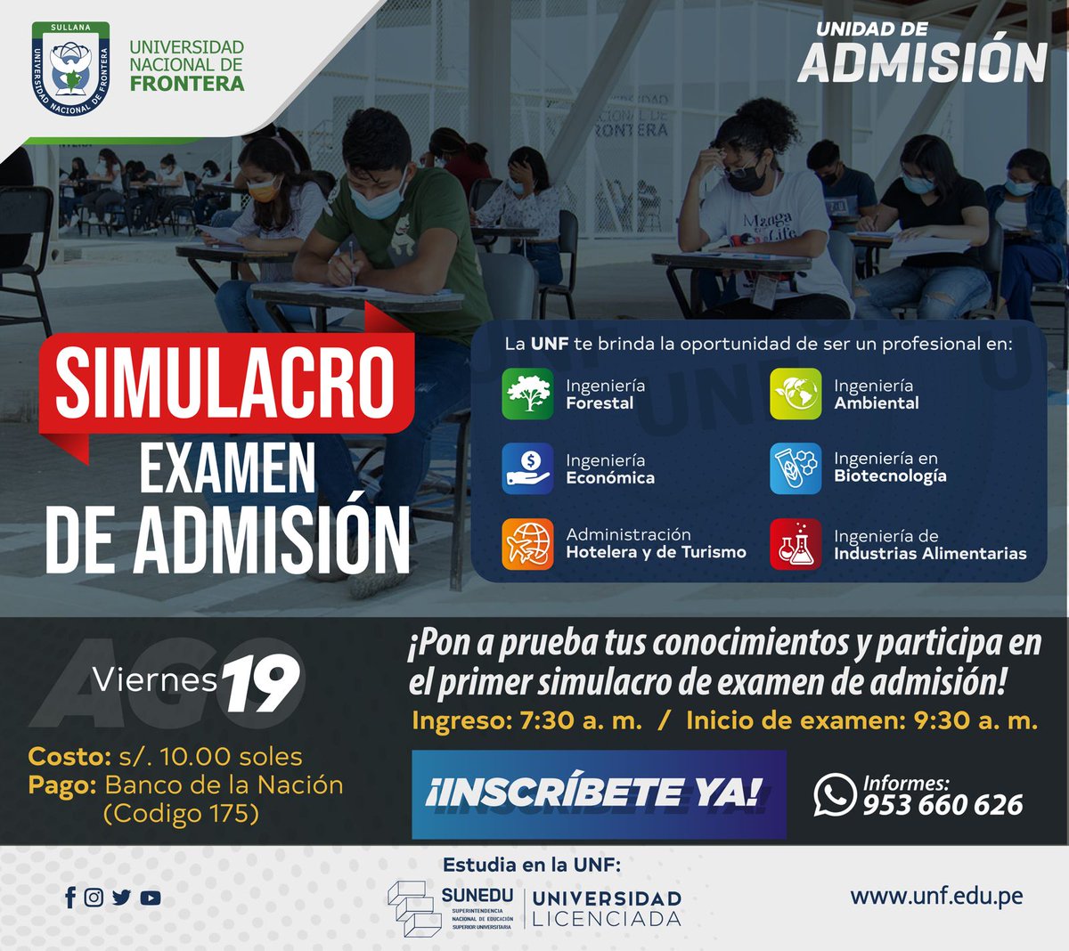 UNF_oficial's tweet photo. 📚Participa del simulacro de examen de admisión!👩‍🎓
Si vas a postular al examen admisión de la Universitaria Nacional de Frontera, asegúrate y pon a prueba tus conocimientos https://t.co/N8LeyxvVyc