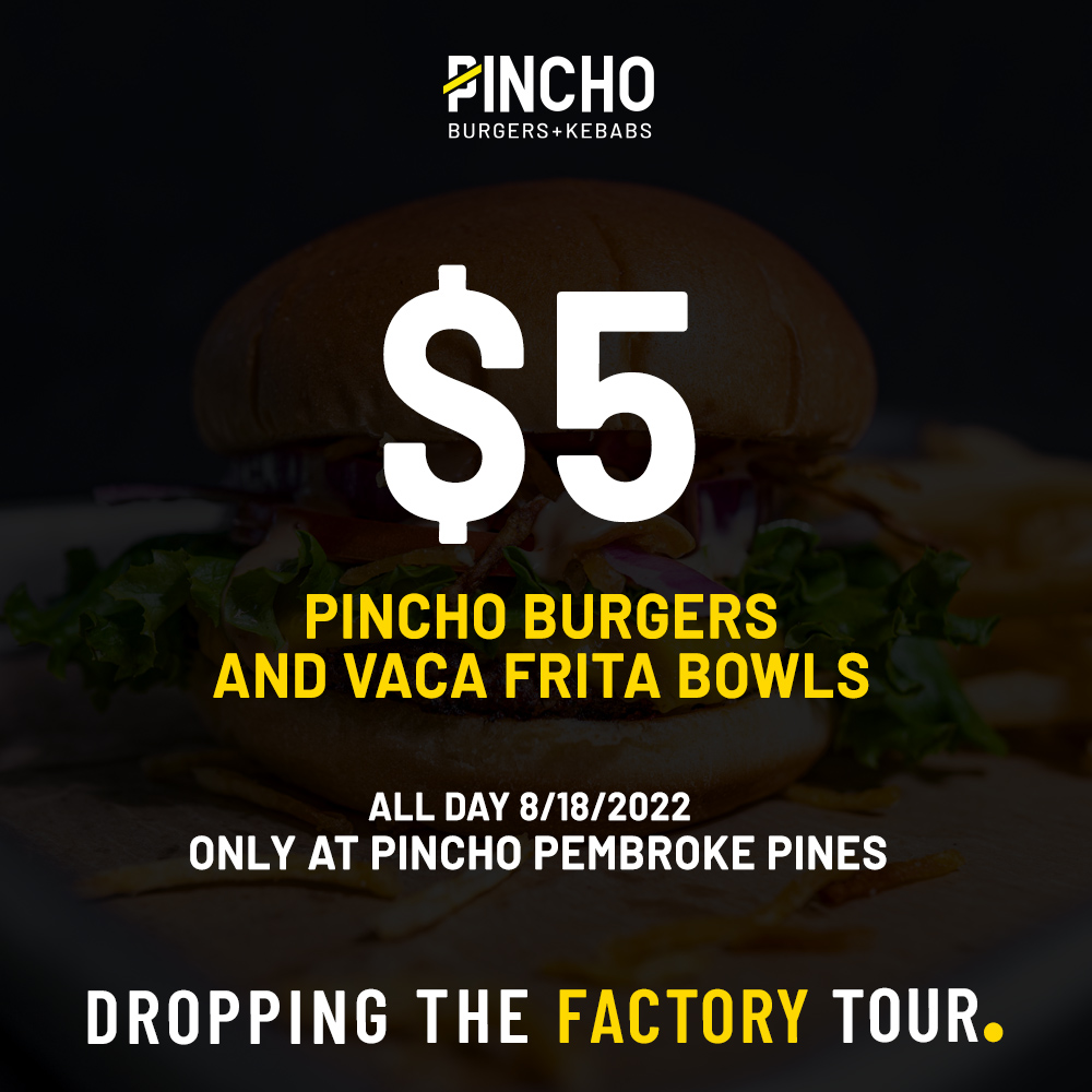 OfficialPincho's tweet image. We are celebrating our new signage today at Pincho Pembroke Pines with $5 Pincho Burgers and $5 Vaca bowls all day! Share and let your Pembroke Pines people know what's up! (Offer valid in store only, 1 per person). See you there!