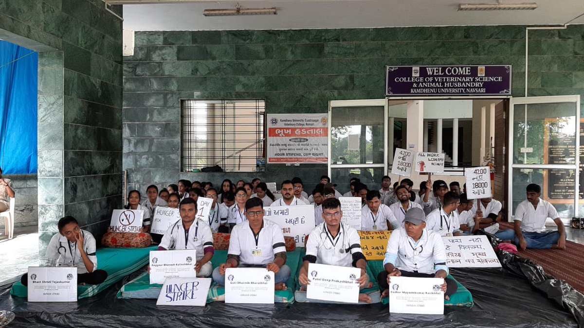 આજે સરકારશ્રી તરફ થી કંઈ સકારાત્મક ઉત્તર ના આપતા વેટરનરી કોલેજ નવસારી, કામધેનુ યુનિવર્સિટી ના 5 વિદ્યાર્થીઓ આજે બોડી ફિટનેસ ચેકઅપ કરાવ્યા બાદ તારીખ 18/08/2022 થી આમરણાંત ઉપવાસ પર ઉતર્યા છે.
#Increase_Guj_Vet_Stipend  <a href="/KanuDesai180/">Kanu Desai</a> <a href="/RaghavjiPatel/">Raghavji Patel</a> <a href="/CRPaatil/">C R Paatil</a>