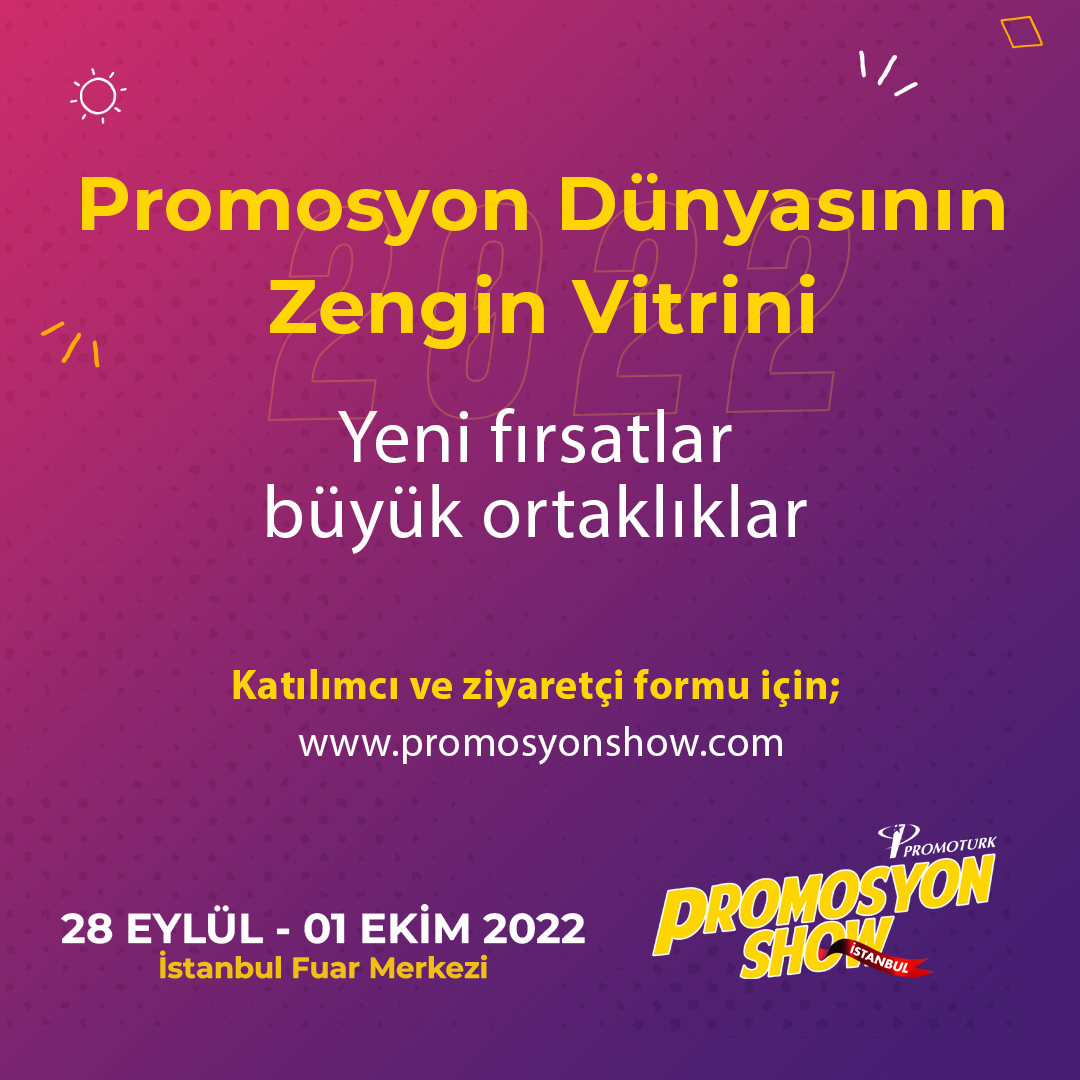 Promosyonun sektörünün önde gelenleri Promosyon Show’da buluşuyor, promosyonun geleceği bu fuarda şekilleniyor. 28 Eylül - 01 Ekim tarihleri arasında İstanbul Fuar Merkezi’ne gelin, organizasyonun bir parçası olun.#PromosyonShow #PromosyonFuarı #Promosyon #PromotionProducts