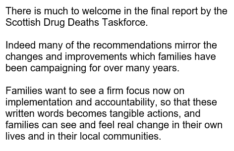 Justina Murray has endorsed the Taskforce's final report which mirrors the recommendations and improvements families have been campaigning for. As she says, what matters now is action. 
The Family Reference Group report can be found here: drugdeathstaskforce.scot/news-informati…