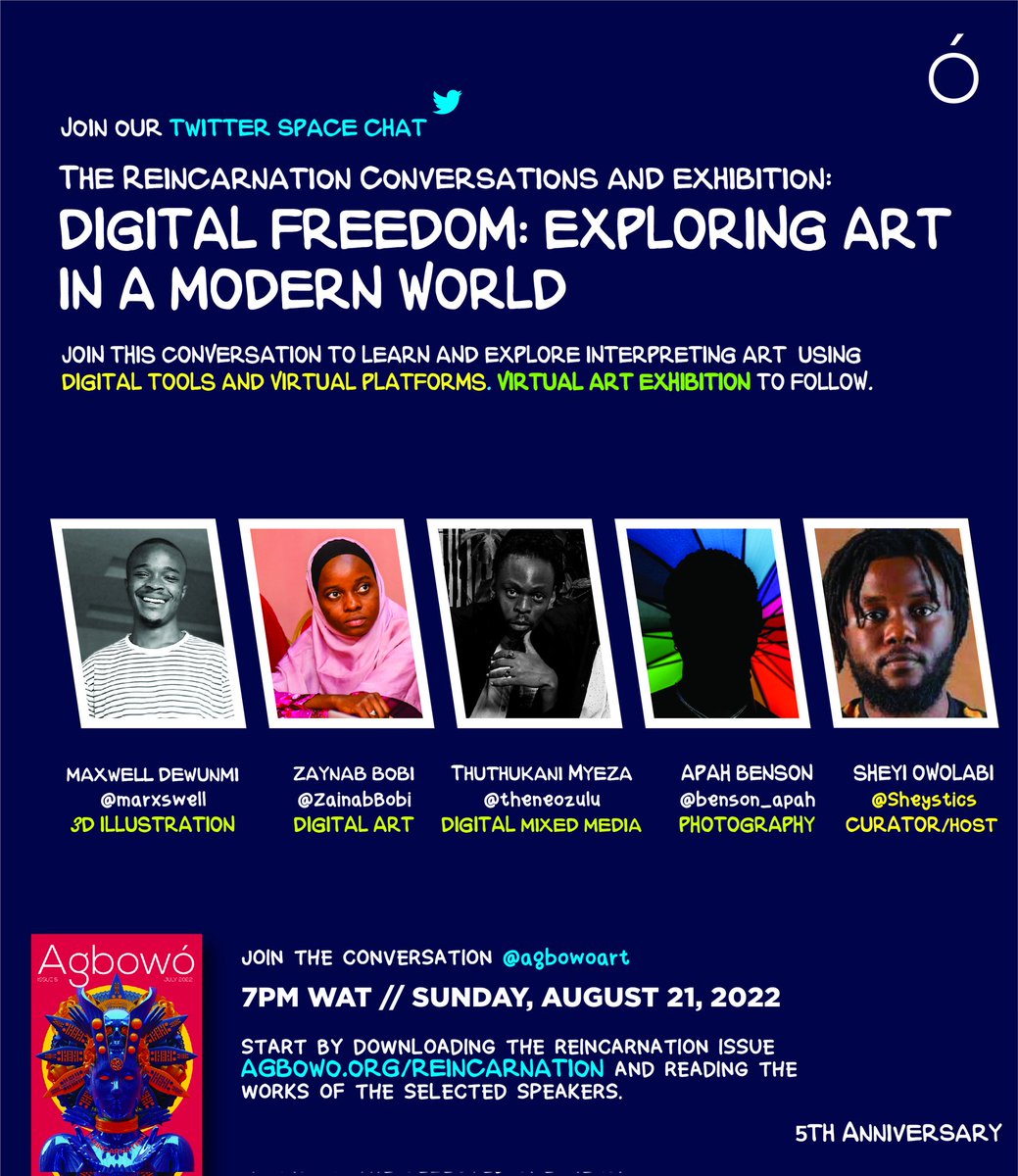 agbowoart's tweet photo. We continue the Reincarnation Conversations this Sunday with visual artists from Reincarnation @marxswell @ZainabBobi @TheNeoZulu @benson_apah as they walk us through the exploration of art in this modern world. 😊

Set a reminder
https://t.co/jRFmcJfTZo

#Agbowo #Agbowoat5 https://t.co/ciljTpJlLE