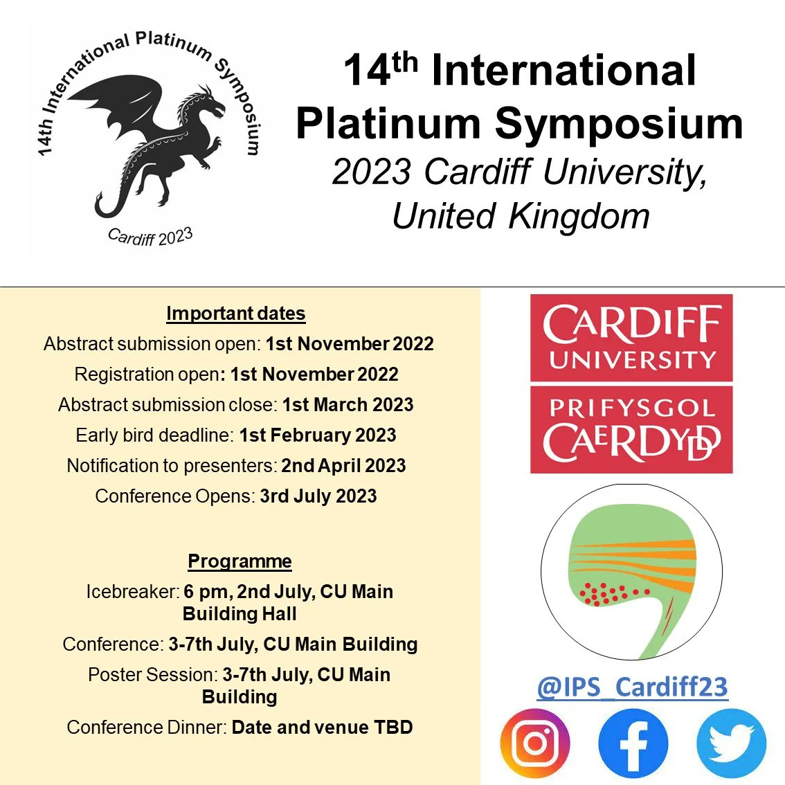 🔔 IMPORTANT DATES 🔔 Dates and brief programme for the forthcoming 14th International Platinum Symposium! We look forward to welcoming you to Cardiff!