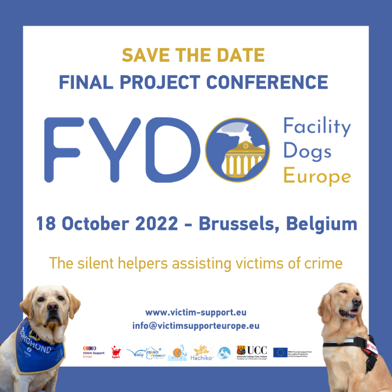 VictimSupportEU's tweet photo. 🐕‍🦺 Facility dogs can offer support to victims of crime in different contexts, for instance at police stations, at court, in women shelters or in victim support organisations!

Discover more &amp; join us for #FYDO Project Final Conference
📅 18 October
📍Brussels

#FacilityDogsEurope